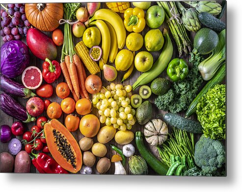 Broccoli Metal Print featuring the photograph Colorful vegetables and fruits vegan food in rainbow colors by Mediterranean