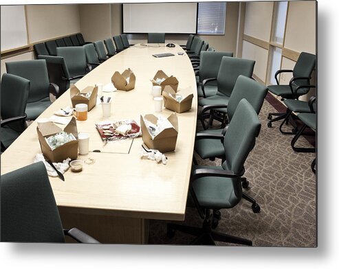 Unhealthy Eating Metal Print featuring the photograph Conference room table with take out lunches by Mint Images