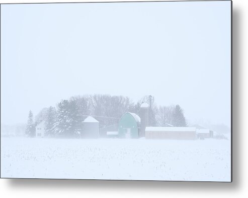 Pastel Metal Print featuring the photograph Cool Pastels - pastel colored farm buildings in a Wisconsin snowstorm by Peter Herman