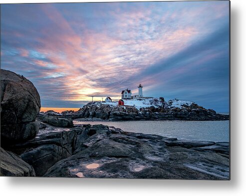 New Hampshire Metal Print featuring the photograph Cotton Candy Sunrise, Nubble Light. by Jeff Sinon