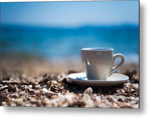 Spoon Metal Print featuring the photograph Cup of coffee at the pebble beach by Alexandre FP