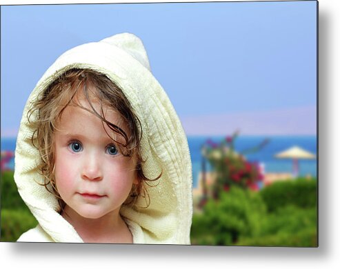 Childhood Metal Print featuring the photograph Cute Girl In Bathrobe On Beach by Mikhail Kokhanchikov