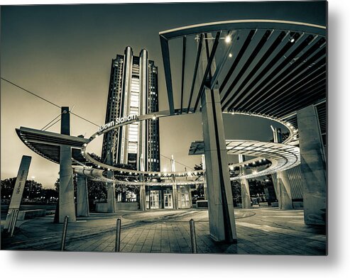 Dallas Texas Metal Print featuring the photograph Dallas Uptown Station at Dawn in Sepia by Gregory Ballos