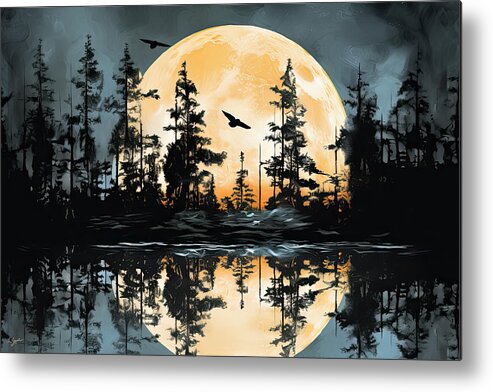 Blue Metal Print featuring the painting Dance in the Moonlight - Blue and Orange Wall Art by Lourry Legarde