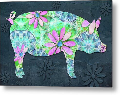 Pig Metal Print featuring the painting Dancing Daisies Pig Art by Sharon Cummings