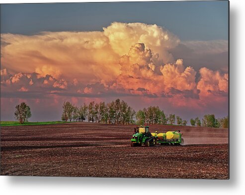 John Deere Metal Print featuring the photograph Deere in its Natural Habitat - John Deere tractor and corn seeder in a beautiful ND spring setting by Peter Herman