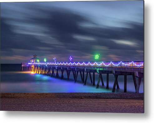 2021 Metal Print featuring the photograph Deerfield Beach International Fishing Pier Lit Up by Claudia Domenig