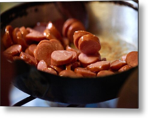 Unhealthy Eating Metal Print featuring the photograph Delicious fried sausage in pan by CliqueImages