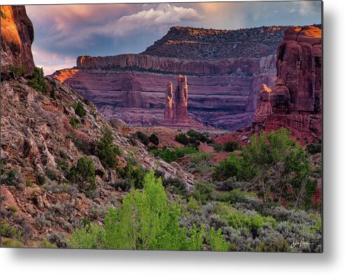 Moab Utah Blm Desert Colorado Plateau Sunset Red Rock Metal Print featuring the photograph Determination Towers by Dan Norris