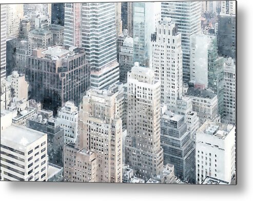 Watercolor Sketch Metal Print featuring the digital art Digital watercolor painting New York City skyscrapers in midtown Manhattan aerial panorama view by Maria Kray
