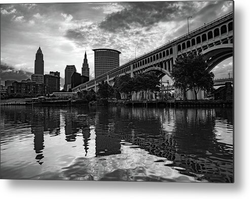 Cleveland Skyline Metal Print featuring the photograph Downtown Cleveland Skyline - Grayscale Edition by Gregory Ballos