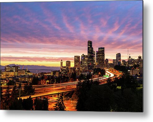 Outdoor; Sunset; Spring; Twilight; Downtown; Seattle; Highways; Elliot Bay; Night; Night Photography; Cloud; Strip Clouds; Washington Beauty; Pnw Photography Metal Print featuring the digital art Downtown Seattle in Twilight by Michael Lee