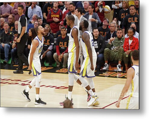 Playoffs Metal Print featuring the photograph Draymond Green, Stephen Curry, and Kevin Durant by Mark Blinch