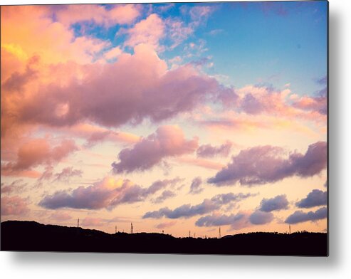 Scenics Metal Print featuring the photograph Early morning sky at Okinawa with mountain and electric tower by Photo taken by Kami (Kuo, Jia-Wei)