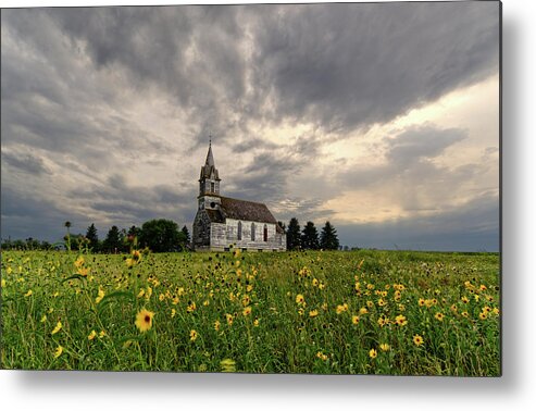  Metal Print featuring the photograph East Norway Lutheran Church in Nelson County ND - abandoned church with wildflowers by Peter Herman