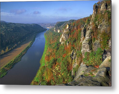 Saxon Switzerland Metal Print featuring the photograph Elbe Sandstone Mountains along the river Elbe by Sun Travels