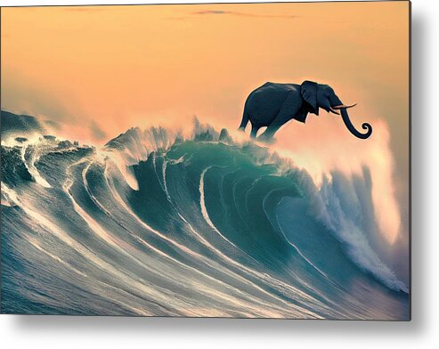 Elephant Catching A Big Wave - Sunset Metal Print featuring the digital art Elephant Catching A Big Wave - Sunset by Craig Boehman