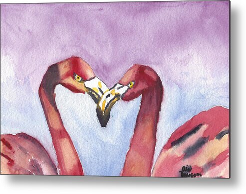 Flamingos Metal Print featuring the painting Enchanted Watercolor Painting of Two Flamingoes in Love by Ali Baucom
