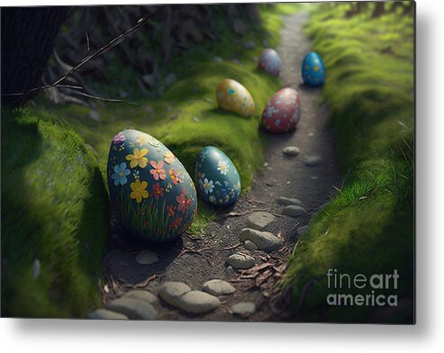 Enchanting Metal Print featuring the digital art Enchanting Easter Trail, Photorealistic Egg Hunt in a Garden Setting by Jeff Creation