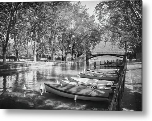 Annecy Metal Print featuring the photograph European Canal Scenes Annecy France Black and White by Carol Japp