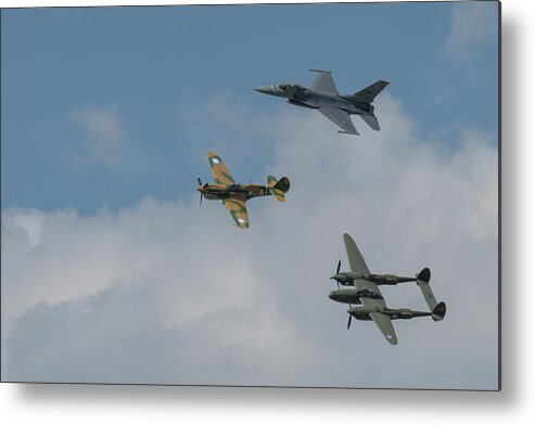 Aviation Metal Print featuring the photograph F16 P40 and P38 Formation Flight by Carolyn Hutchins