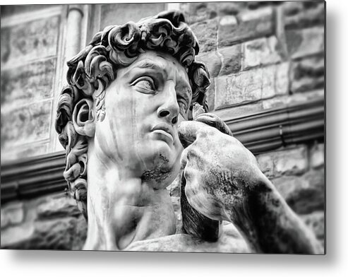 David Metal Print featuring the photograph Face of David by Michelangelo Florence Italy Black and White by Carol Japp