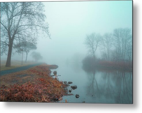 Fog Metal Print featuring the photograph Facing East on Foggy Lake Muhlenberg by Jason Fink