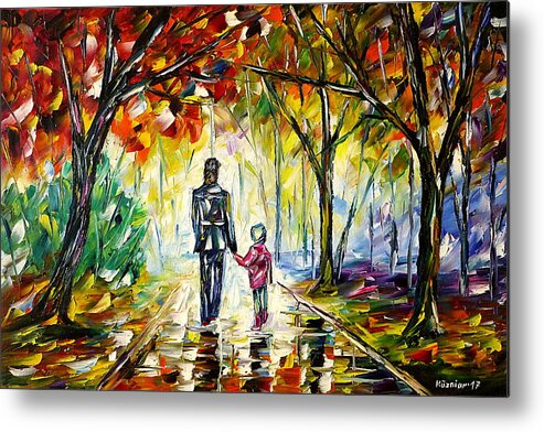 Autumn Walk Metal Print featuring the painting Father With Daughter In The Park by Mirek Kuzniar