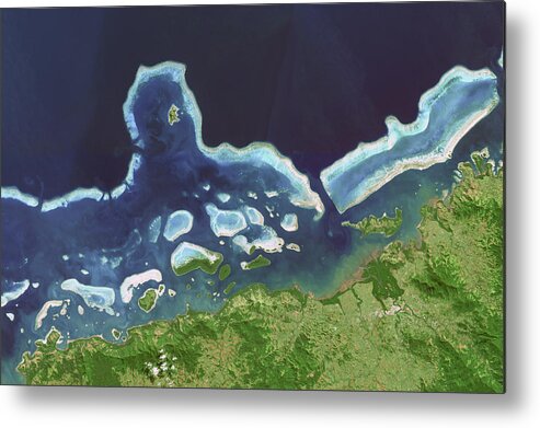 Satellite Image Metal Print featuring the digital art Fiji islands coral reef by Christian Pauschert