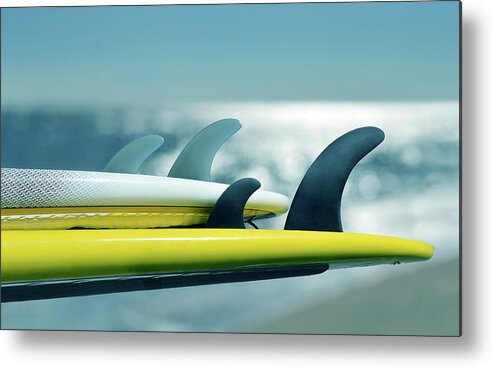 Surfer Metal Print featuring the photograph Fins Up Surfboard Stack by Laura Fasulo