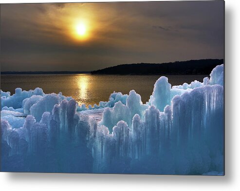 Ice Castle Lake Sunset Frozen Icy Abstract Cold Blue Freeze Metal Print featuring the photograph Fire and Ice - Ice castle under construction along shore of Lake Geneva WI by Peter Herman