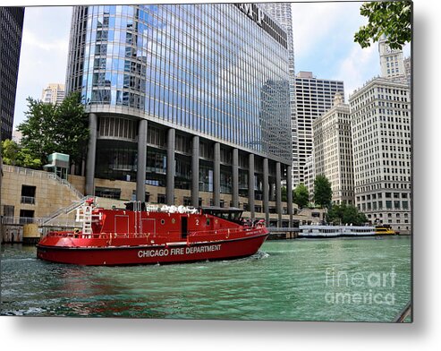 Fireboat Metal Print featuring the photograph Fire Department Boat On Chicago River by Christiane Schulze Art And Photography