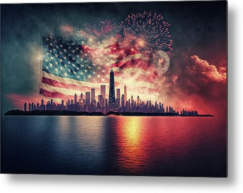 Skyline Metal Print featuring the digital art Fireworks and American Flag Over The Chicago Skyline by Jim Vallee