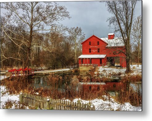 Grist Mill Metal Print featuring the photograph First Snow at Bonneyville Mills by Susan Rissi Tregoning