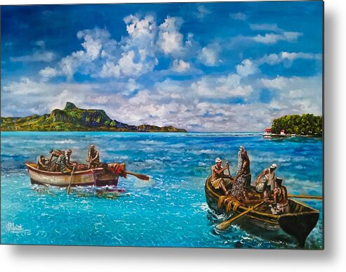 Tropical Seascape Metal Print featuring the painting Fishermen plying their trade, South East of Mauritius by Raouf Oderuth