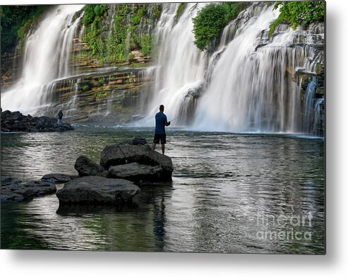 Rock Island State Park. Twin Falls Metal Print featuring the photograph Fishing At Twin Falls 2 by Phil Perkins