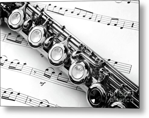 Flute Metal Print featuring the photograph Flute and sheet music by Delphimages Photo Creations