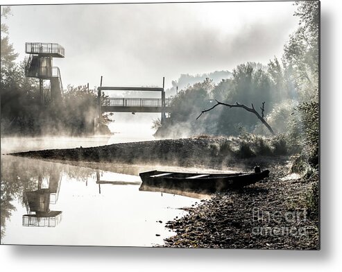 Anchor Metal Print featuring the photograph Foggy Landscape With Boats On River Bank And Bridge In River Danube National Park In Austria by Andreas Berthold