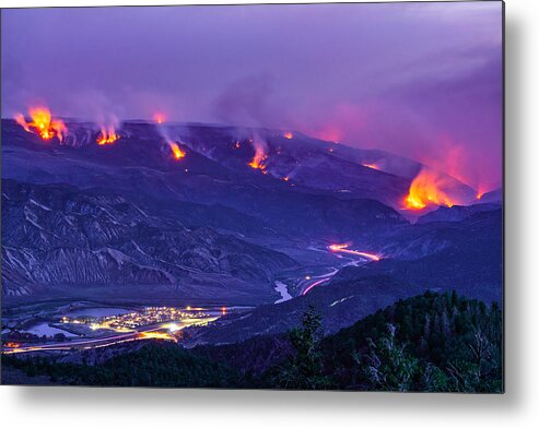Scenics Metal Print featuring the photograph Forest Fire Raging Wildfire at Night by Adventure_Photo