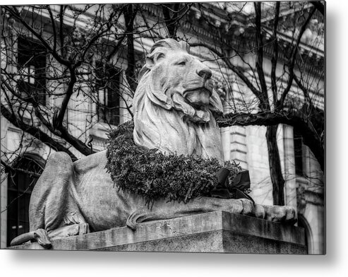 Nypl Metal Print featuring the photograph Fortitude Lion NYPL BW by Susan Candelario