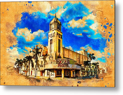 Fox Theater Metal Print featuring the digital art Fox Theater in Bakersfield, California - digital painting by Nicko Prints