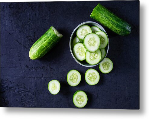 Breakfast Metal Print featuring the photograph Fresh Cucumber for Health on black ground by Narong KHUEANKAEW
