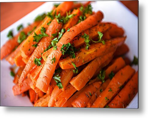 Orange Color Metal Print featuring the photograph Fresh Glazed Carrots with Parsley for Turkey Dinner by Vicki Jauron, Babylon and Beyond Photography