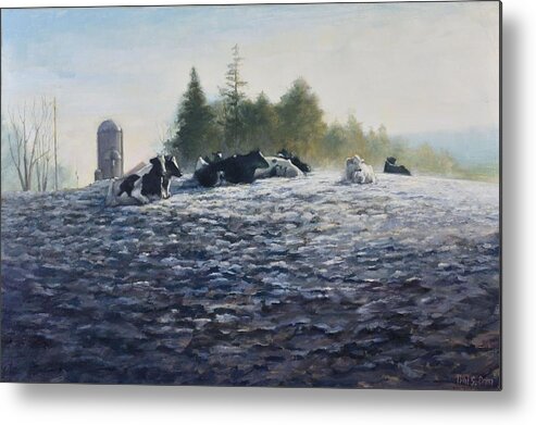 Cows On A Hill Metal Print featuring the painting Frosty Morning by Bibi Snelderwaard Brion