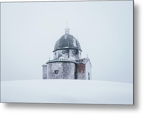 Radhost Metal Print featuring the photograph Frozen historical chapel - White colour by Vaclav Sonnek