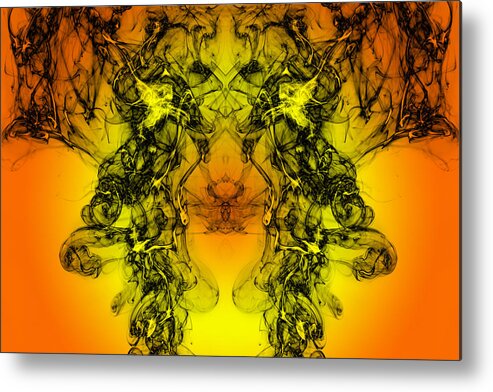 Wind Metal Print featuring the photograph Full frame of forms and figures of smoke of color black and gray in ascending movement on a orange background by Jose A. Bernat Bacete