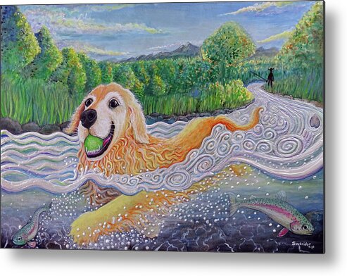 Golden Retriever Metal Print featuring the painting Get the Ball by David Sockrider