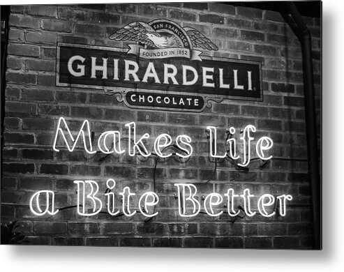 Ghirardelli Metal Print featuring the photograph Ghirardelli Chocolate Factory Neon Sign San Francisco Black and White by Shawn O'Brien