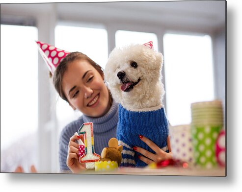 Pets Metal Print featuring the photograph Girl and her dog celebrating dog's first birthday by Fotostorm