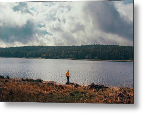 Elegant Metal Print featuring the photograph Girl on the bank of the dam by Vaclav Sonnek